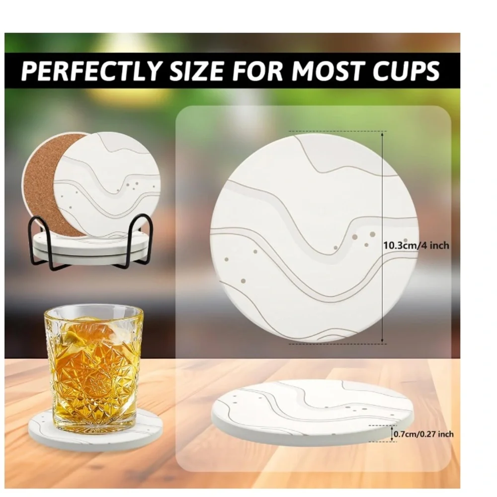 Abstract Wave Round Marble Coasters with Cork Backs - Set with Metal Stand
